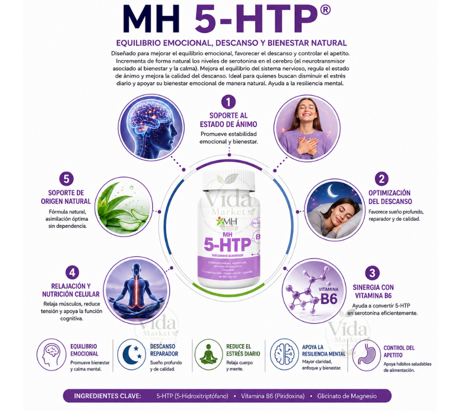 5-HTP | (5-Hidroxitriptófano;  Vitamina B6 (Piridoxina); Glicinato de magnesio