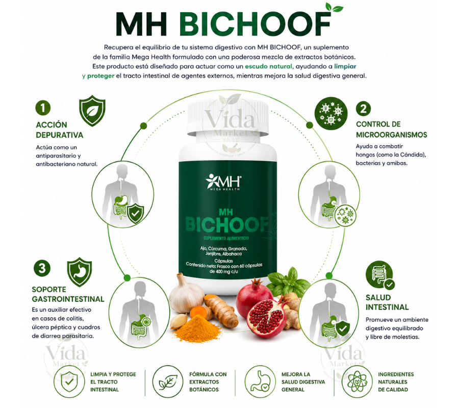 MH BICHOOF | Ajo, Cúrcuma, Granada, Jengibre, Albahaca, Papaya, Clavo molido, Canela