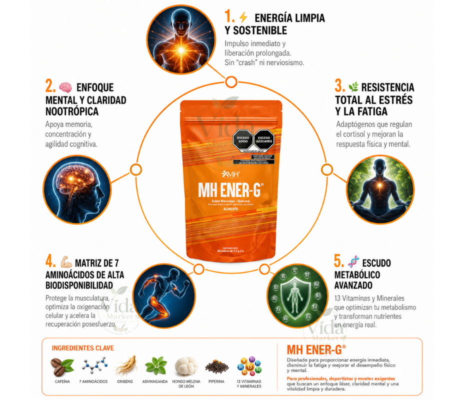 MH ENER-G® | Cafeína, 7 aminoácidos (Taurina, L-arginina, L-leucina, L-glicina, L-isoleucina, L-valina, L-tirosina), Ginseng, Ashwaganda, Hongo melena de león, Piperina, 13 vitaminas y minerales