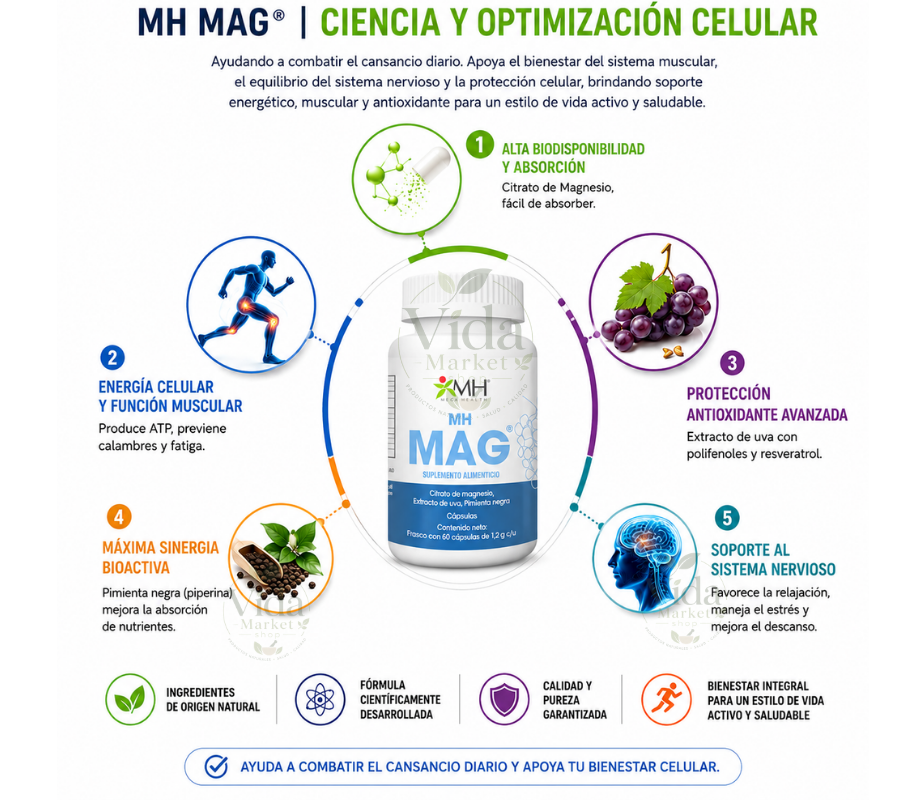 MH MAG® | Citrato de magnesio, extracto de uva (Vitis vinífera L.), pimienta negra (Piper nigrum)Ciencia y Optimización Celular