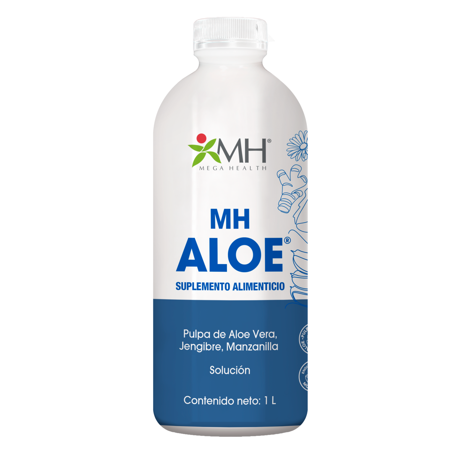 MH Aloe. (Pulpa de Aloe); Jengibre (Zingiber officinale); Manzanilla (Chamaemelum nobile); Monk Fruit