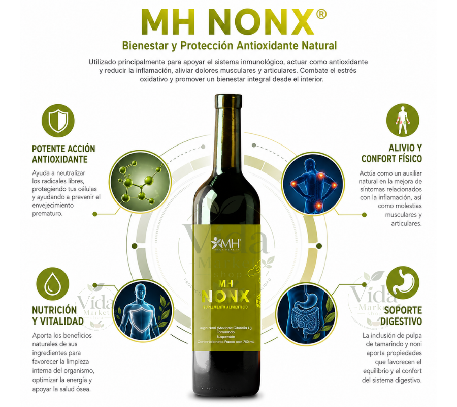MH NONX® | Jugo de fruto de noni, Pulpa de fruto de noni, Pulpa de fruto de tamarindo en polvo.