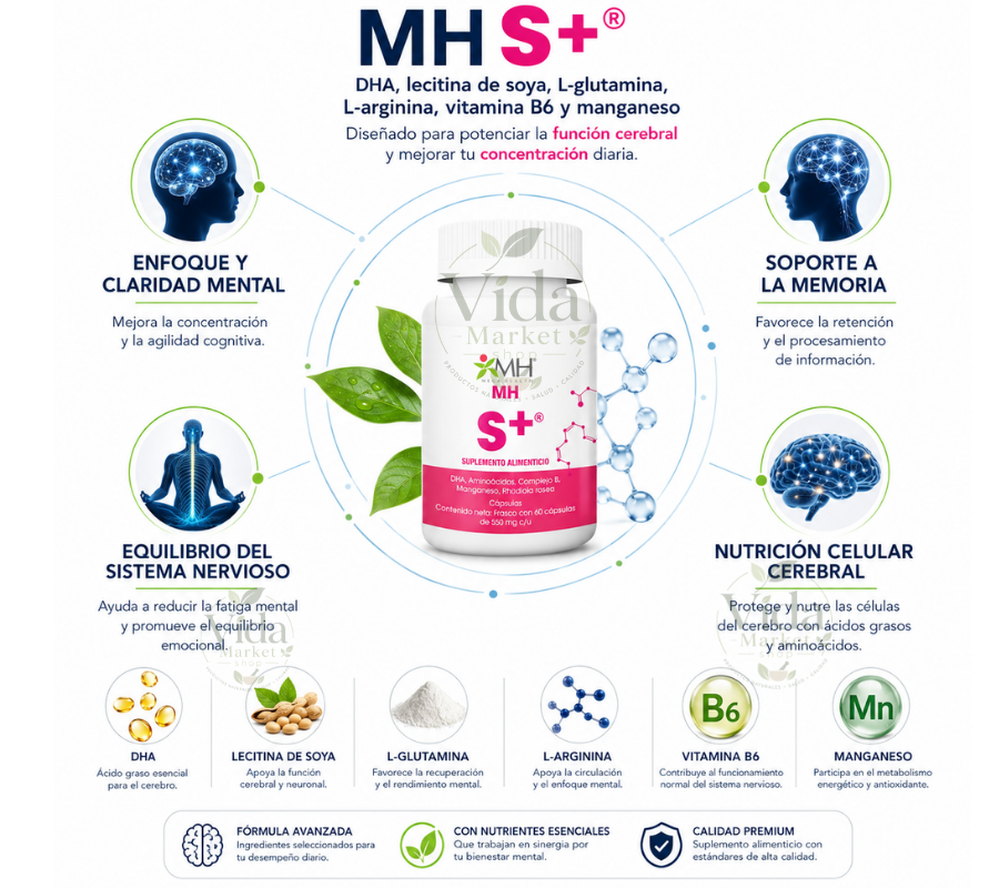 MH S+® | DHA, lecitina de soya, L-glutamina, L-arginina, vitamina B6 y manganeso