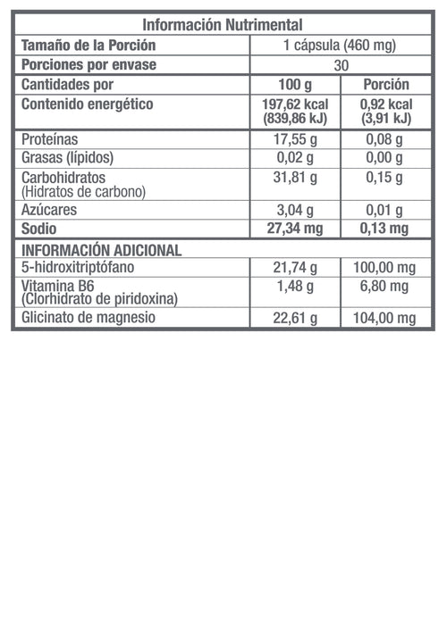 5-HTP. (5-Hidroxitriptófano;  Vitamina B6 (Piridoxina); Glicinato de magnesio)